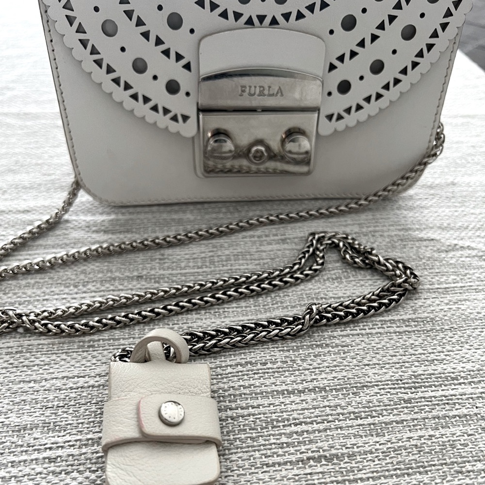 Furla White Laser-Cut Leather Crossbody with Silver Chain